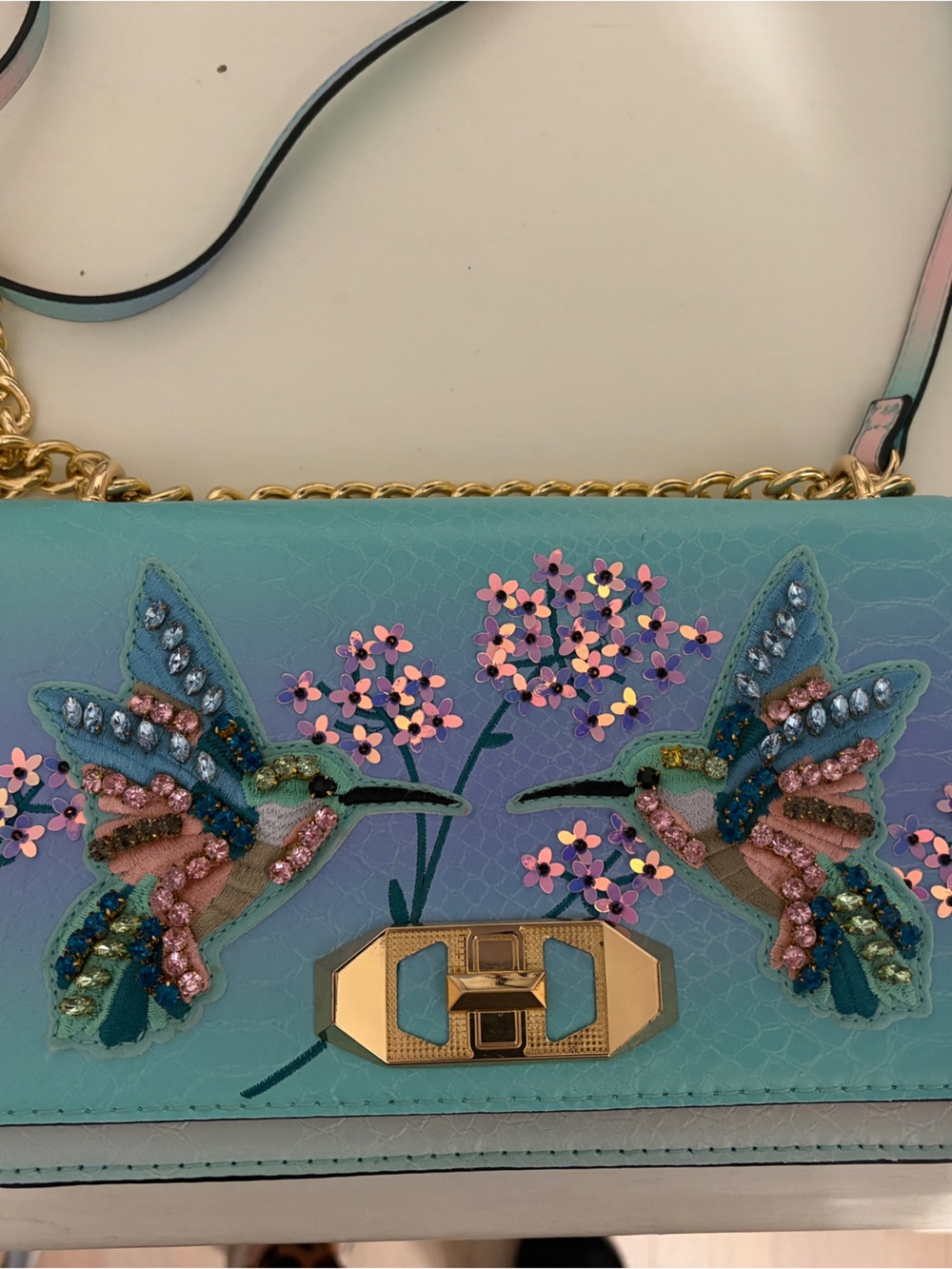 Aldo bird Embellished Floral Crossbody Bag in Aqua pink rhinestones sequins